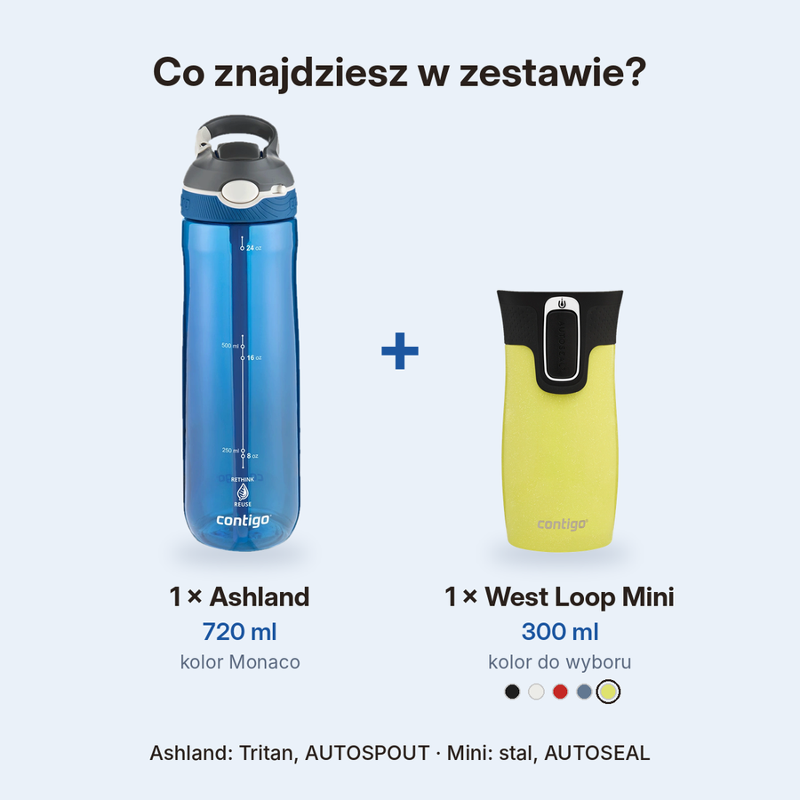 Contigo butelka Ashland 720 ml + kubek termiczny West Loop Mini 300 ml żółty metalik - Zestaw